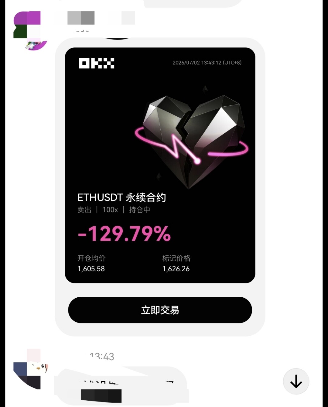 星球群聊看到一张截图，ETH空单，亏了129%。--徘徊只为等一人
