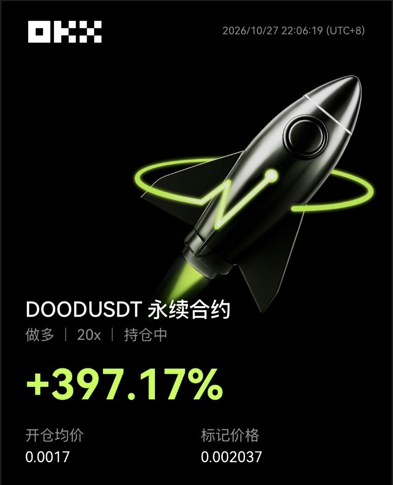 $DOOD 20x多，+397.17%，开仓0.0017，标记0.002037。--区块链打手（有🥚）