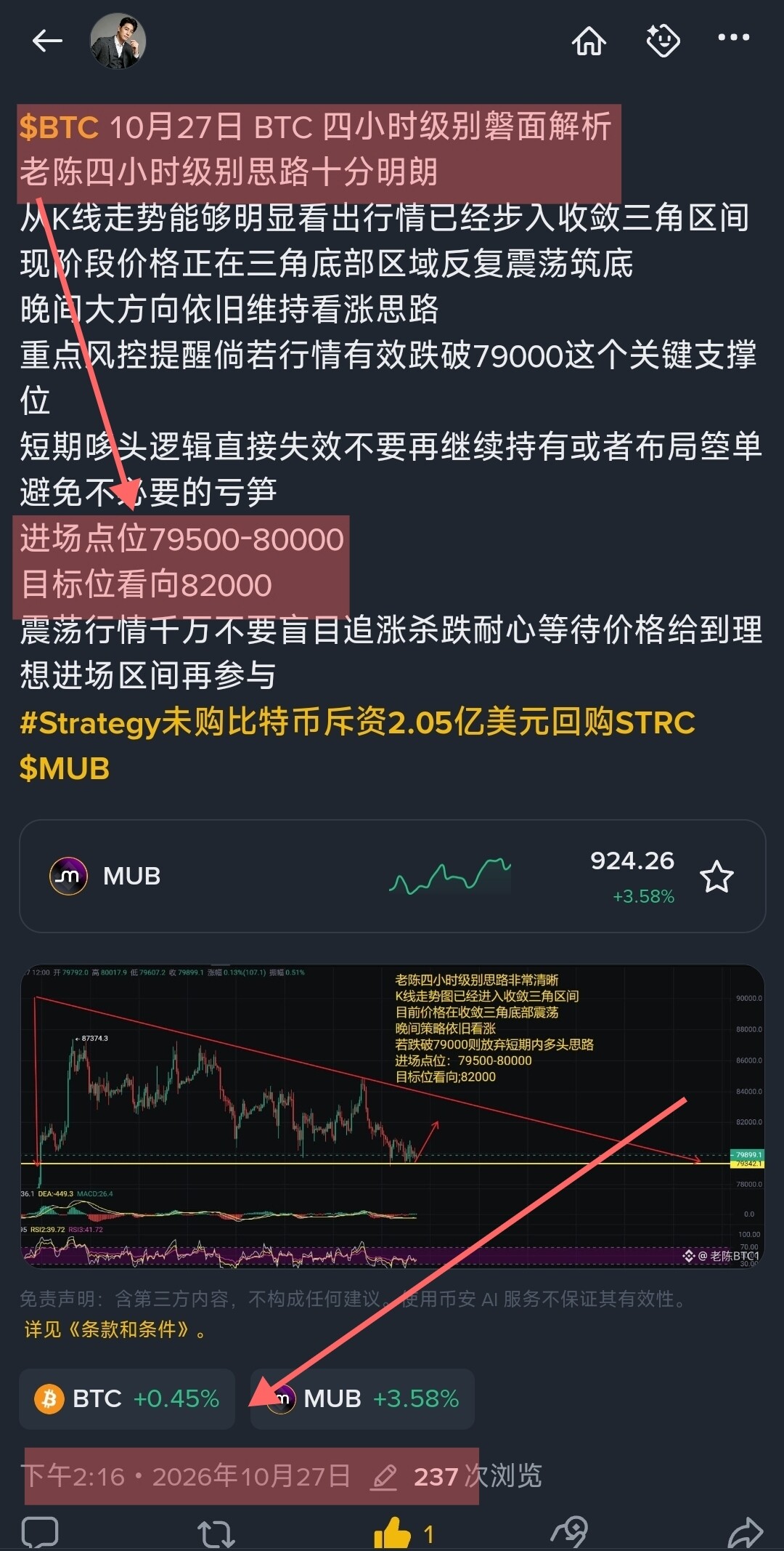 其实结构很明显，大饼这一笔收敛三角底部的多单我们已经稳稳拿住，目前持仓敷赢已经跑出来了--老陈论势