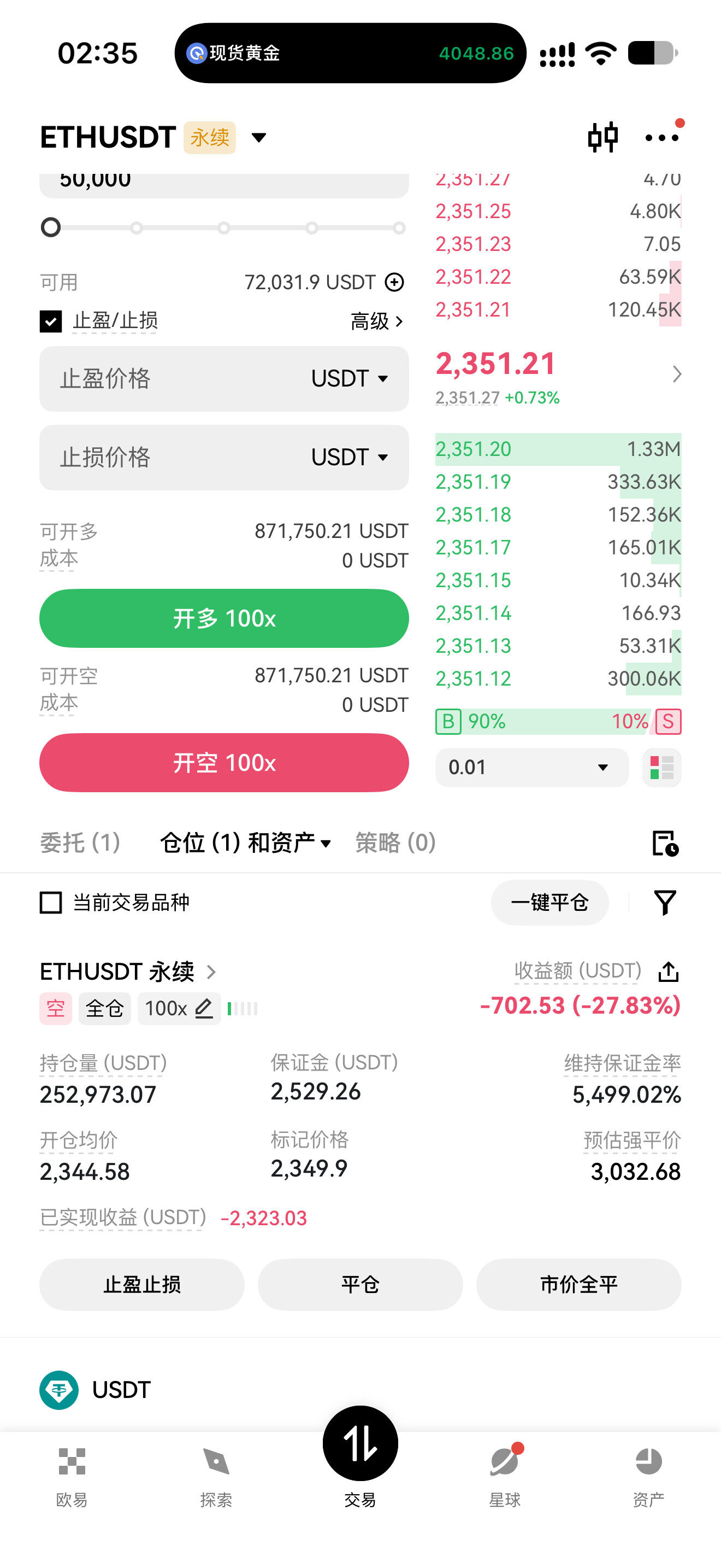 $ETH 前面一直浮盈，舍不得平，今晚这盘真给我吓得瑟瑟发抖。--来去之间Zzz