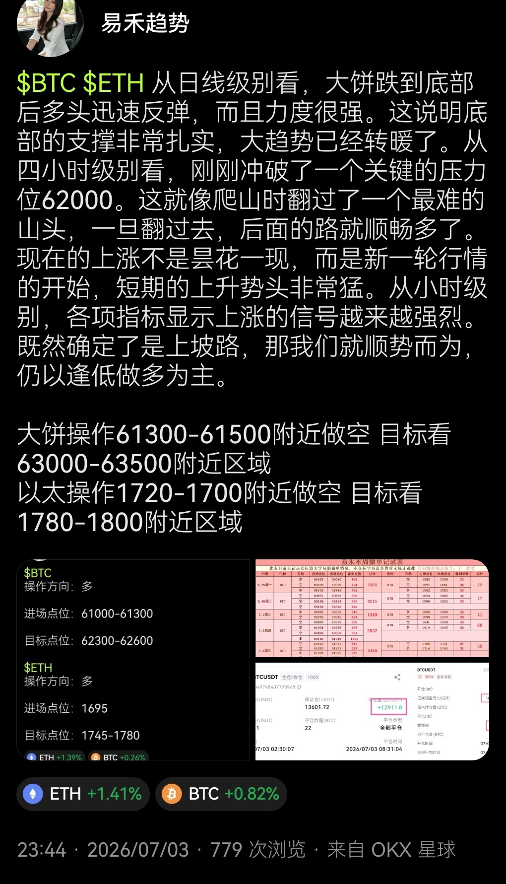 $BTC $ETH 7.4周六午后大饼以太分析及操作建议--易禾趋势