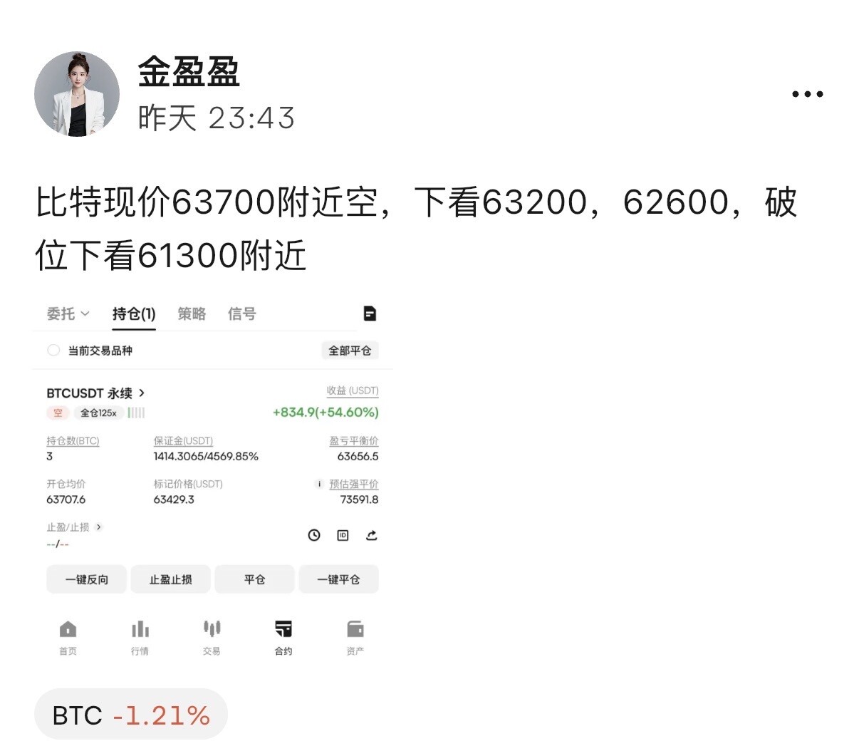昨夜虽反弹64100，比特63700现价空单，盈盈丝毫不带慌的，早间睁眼空气🀄️弥漫着J钱的味道--金盈盈
