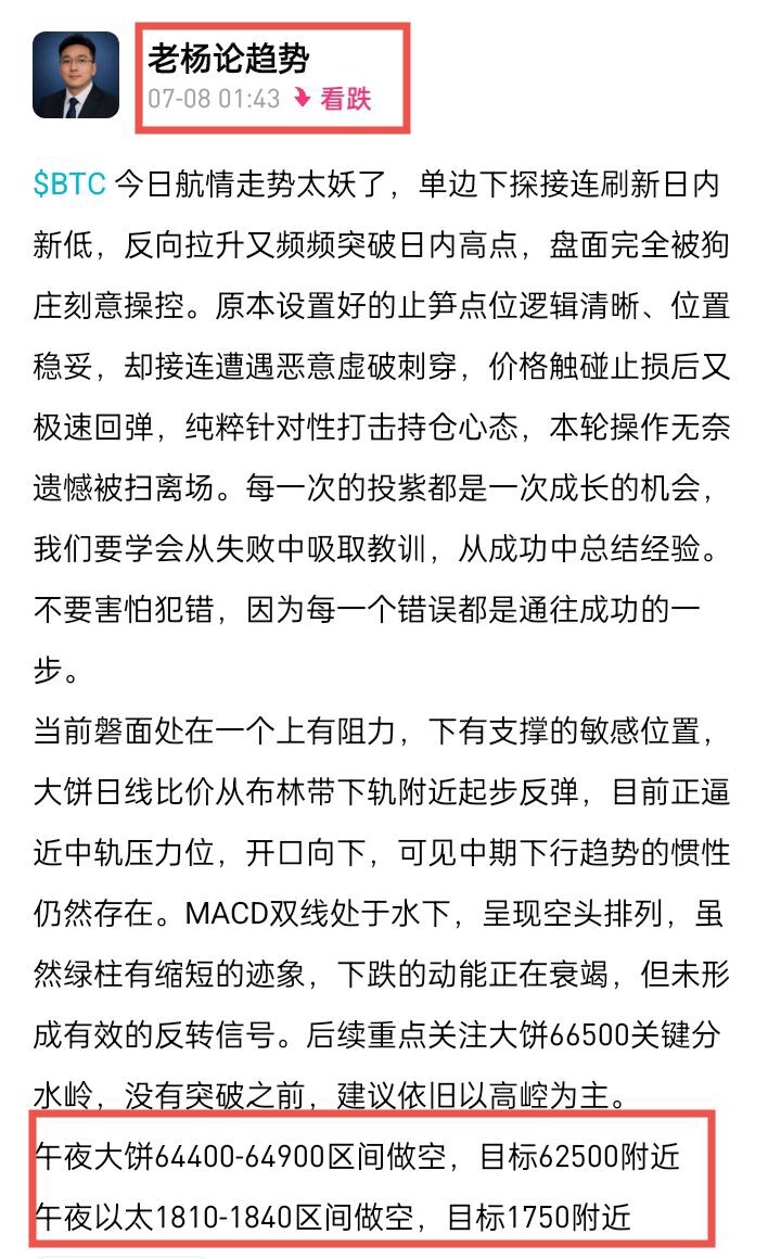 凌晨大饼一度上探到64234一线高位后，承压下行至早间62466一线，现反弹至63000附近震荡。--老杨论趋势