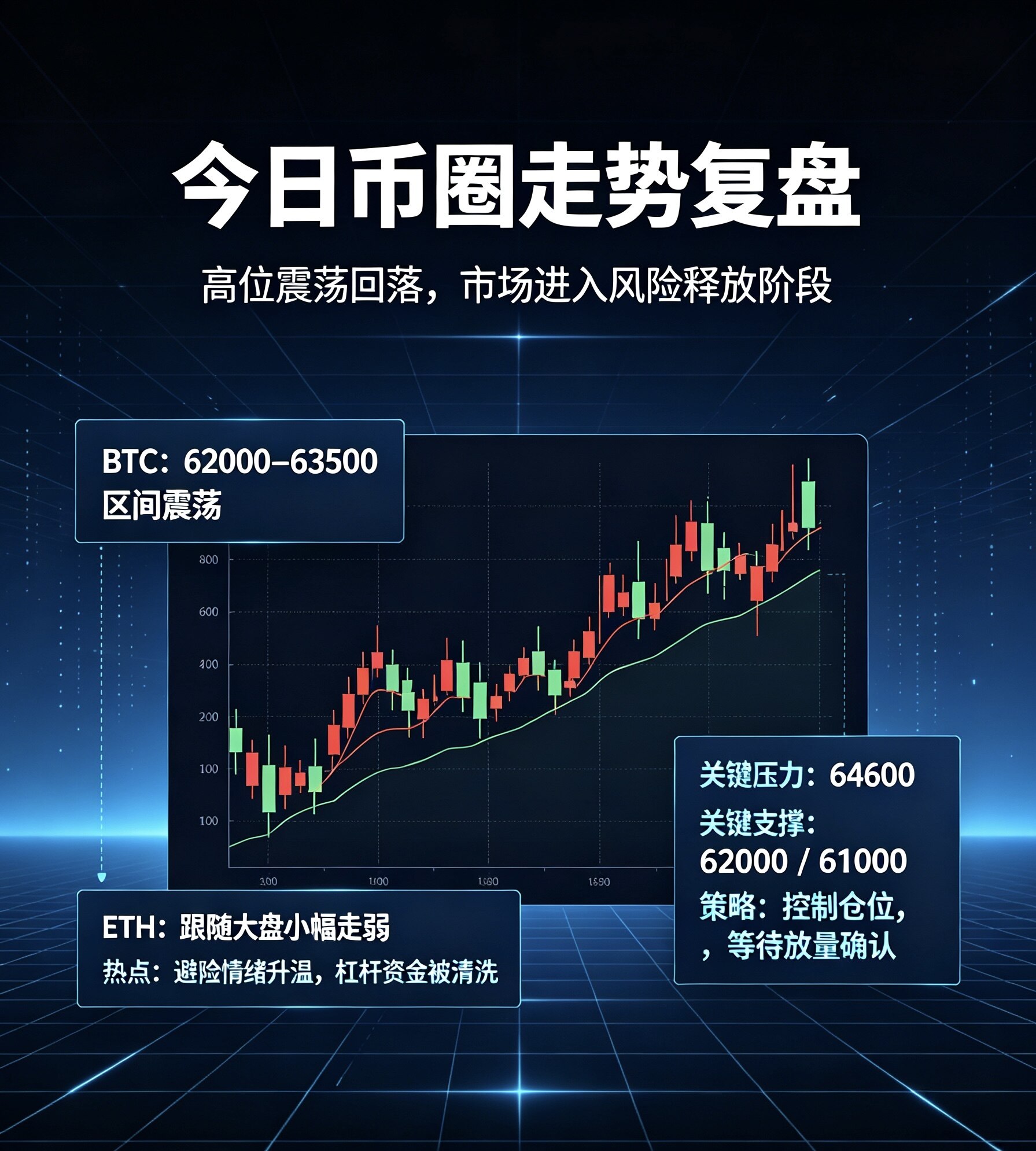 今日盘面总结：BTC小幅回落，24小时下跌约1.6%，围绕62000‑63500美元区间震荡；ETH同步走弱，多数山寨币跟随大盘小幅下行。--大王来也咯